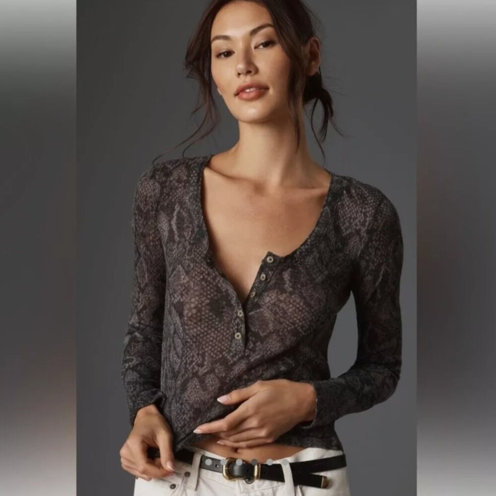 Pilcro Snake-Print Henley Top in Brown and Black